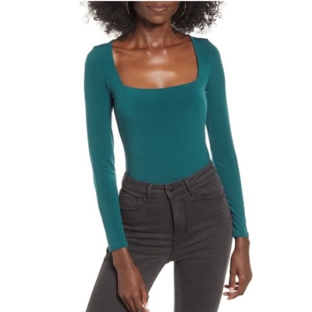 Leith Long Sleeve Square Neck Bodysuit Emerald Green Teal Size Small
